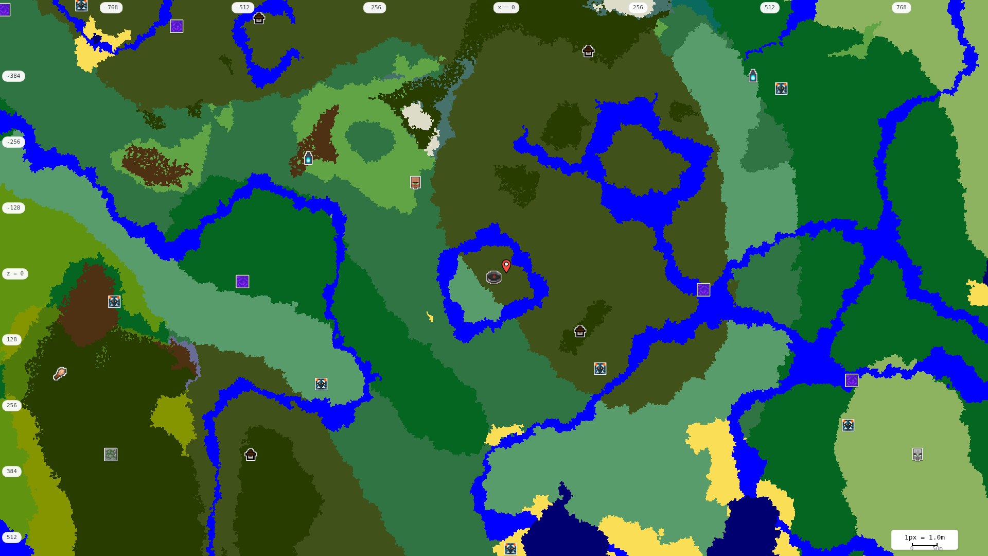 Top-down structures map: village, pillager outpost, ruined portal, shipwreck, woodland mansion, ocean monument, trial chambers, ancient city, desert pyramid, jungle temple, trail ruins