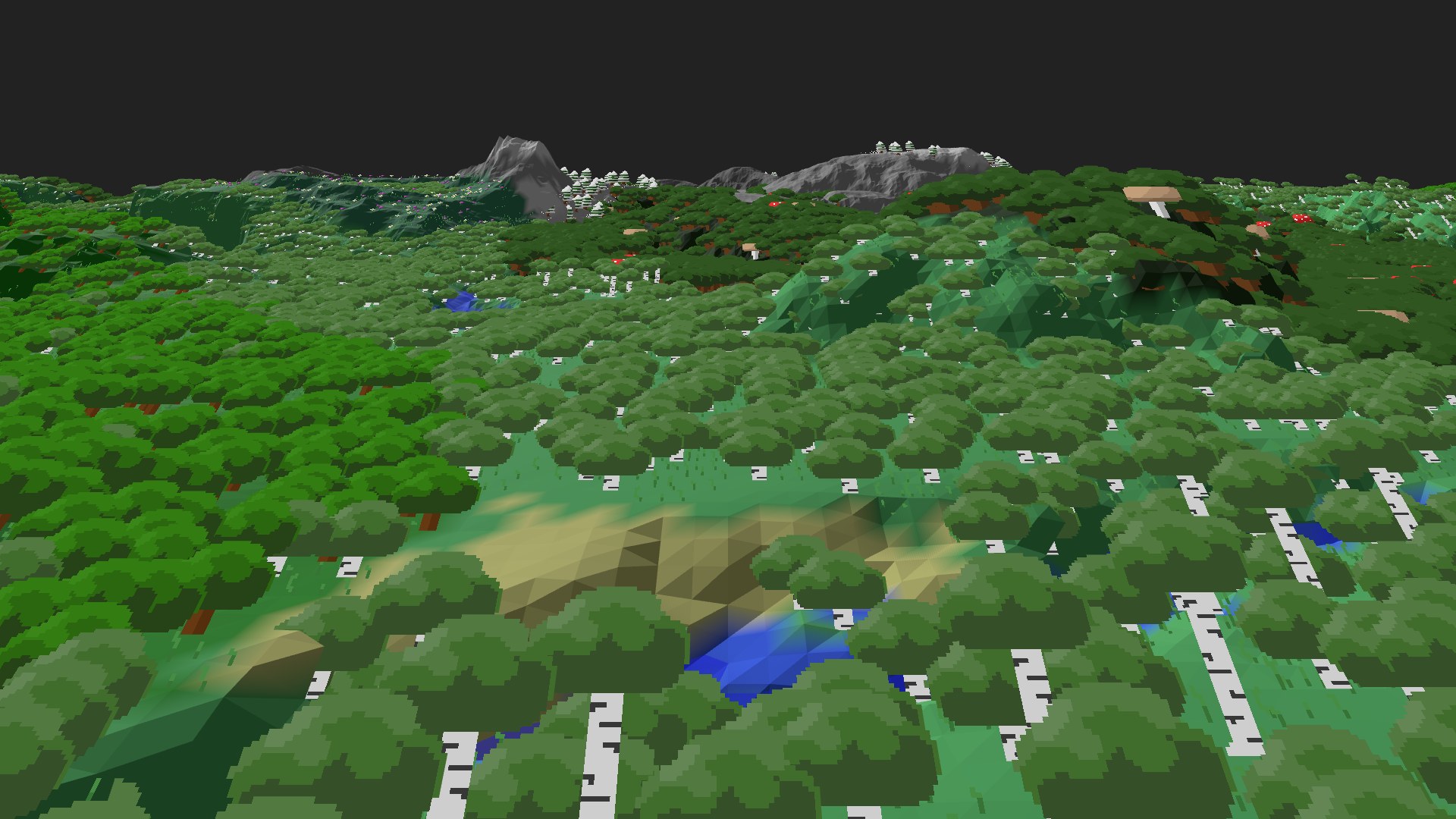 Near-horizontal 3D view from spawn looking at the surrounding terrain