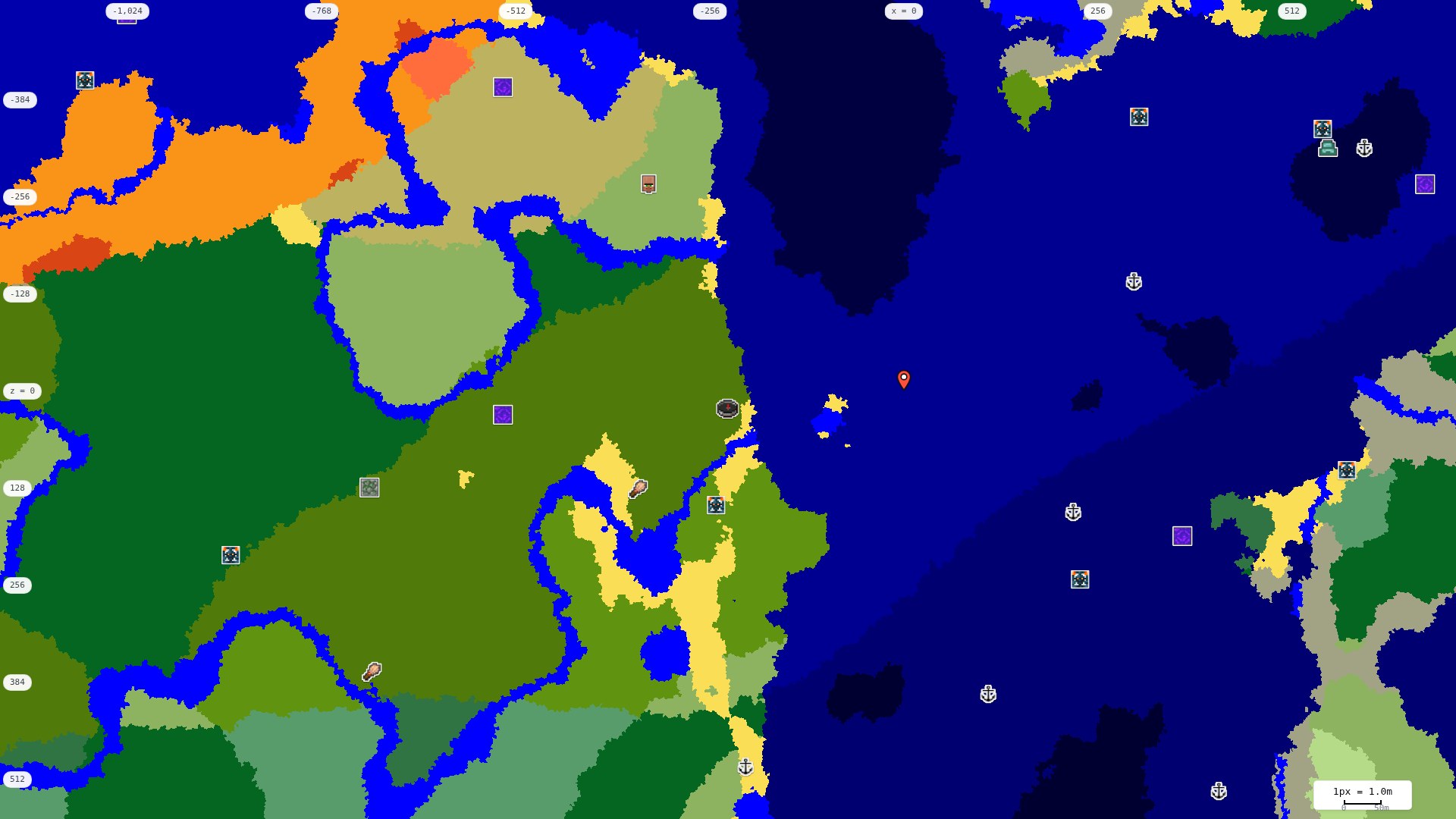 Top-down structures map: village, pillager outpost, ruined portal, shipwreck, woodland mansion, ocean monument, trial chambers, ancient city, desert pyramid, jungle temple, trail ruins