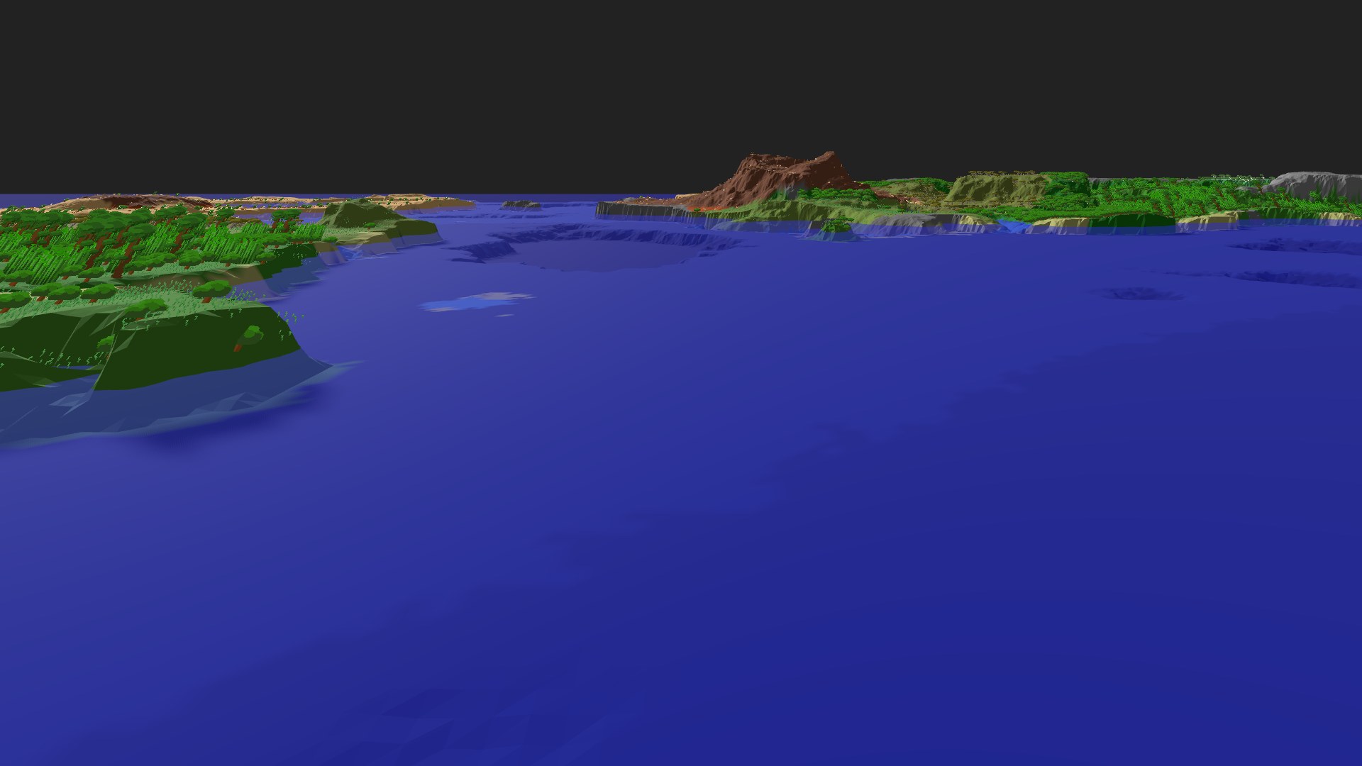 Near-horizontal 3D view from spawn looking at the surrounding terrain