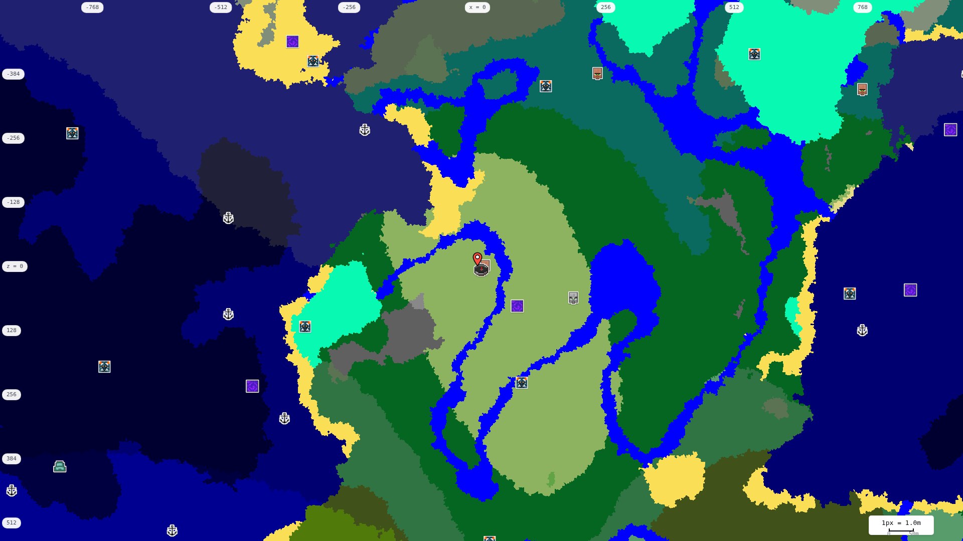 Top-down structures map: village, pillager outpost, ruined portal, shipwreck, woodland mansion, ocean monument, trial chambers, ancient city, desert pyramid, jungle temple, trail ruins