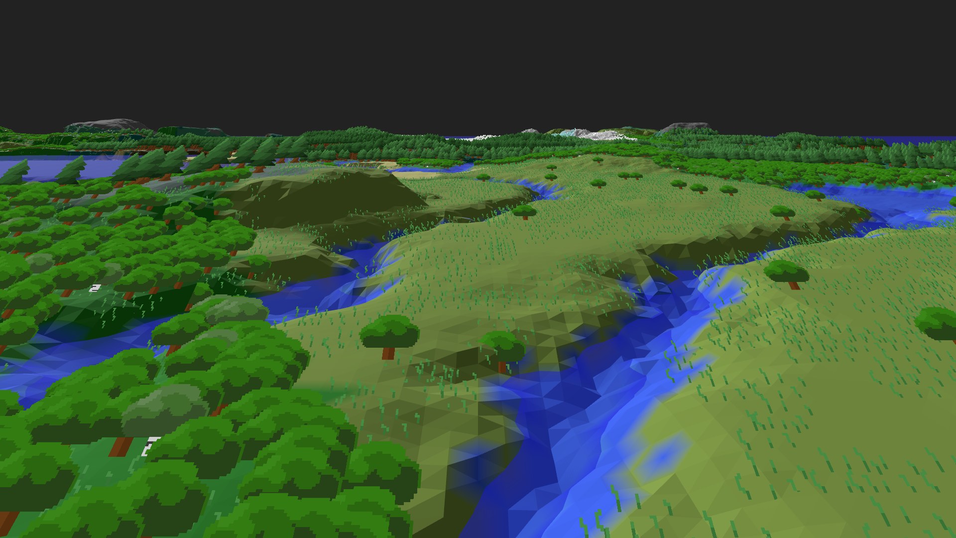 Near-horizontal 3D view from spawn looking at the surrounding terrain