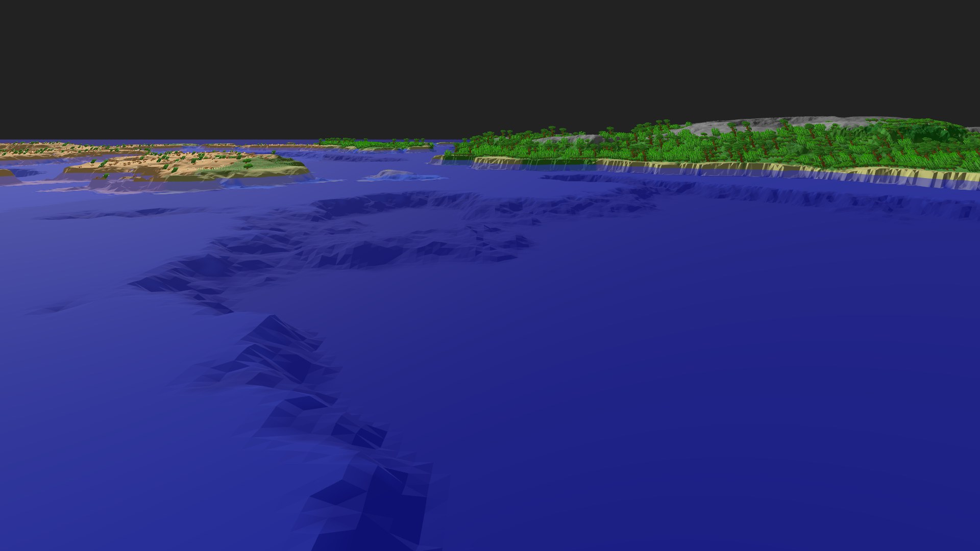Near-horizontal 3D view from spawn looking at the surrounding terrain
