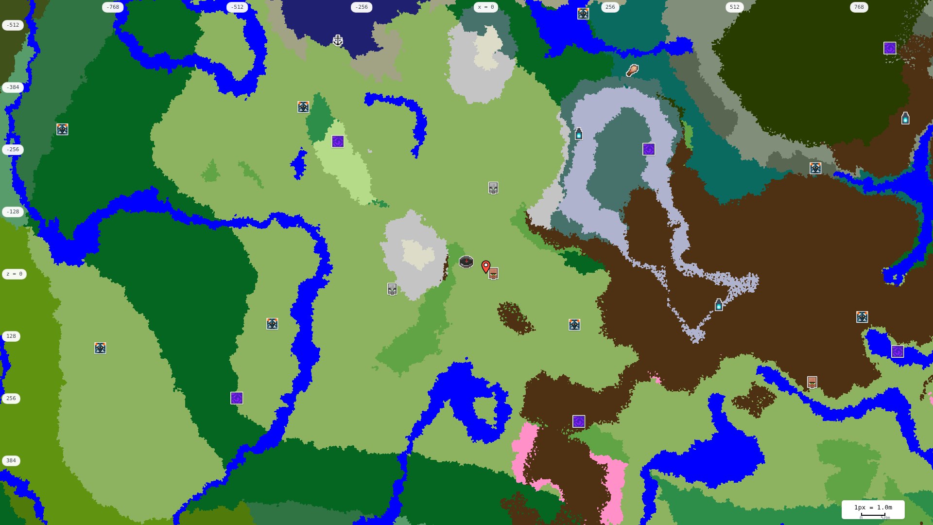 Top-down structures map: village, pillager outpost, ruined portal, shipwreck, woodland mansion, ocean monument, trial chambers, ancient city, desert pyramid, jungle temple, trail ruins