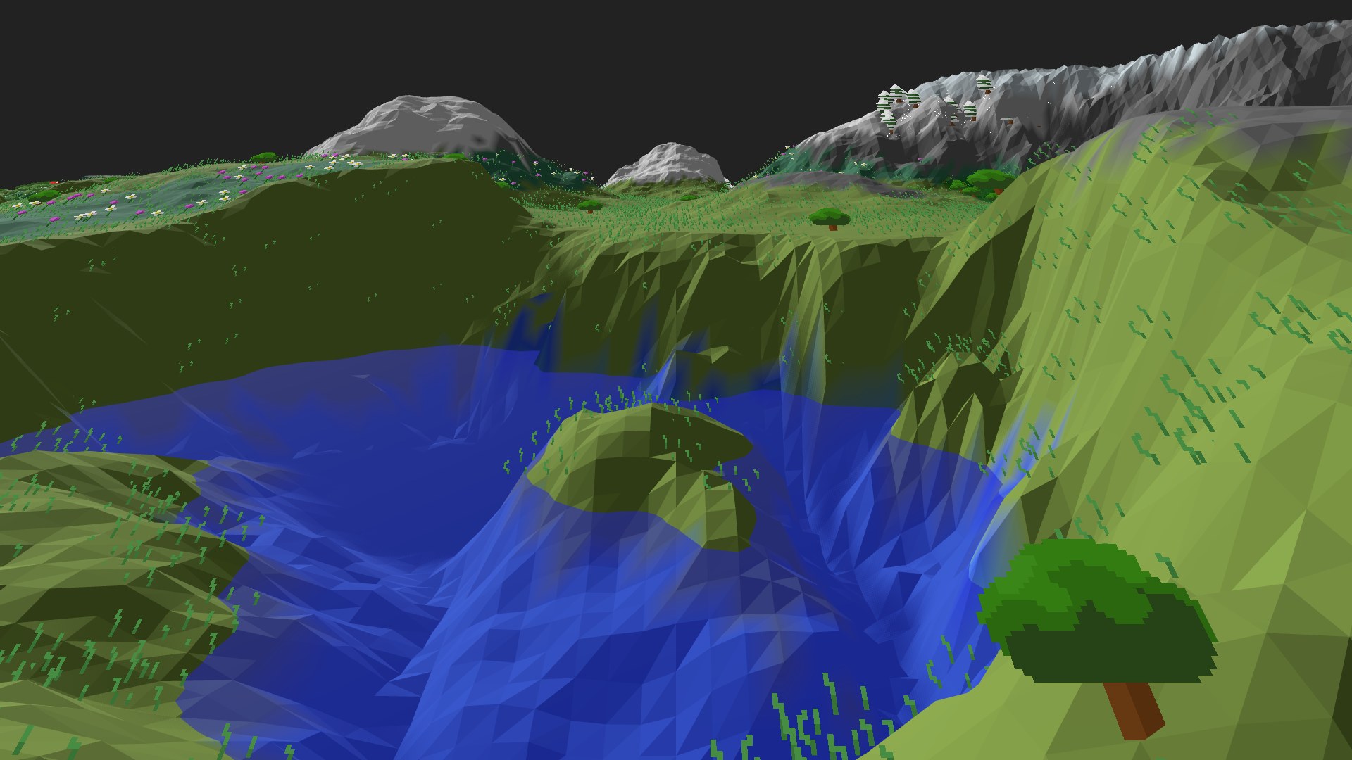 Near-horizontal 3D view from spawn looking at the surrounding terrain