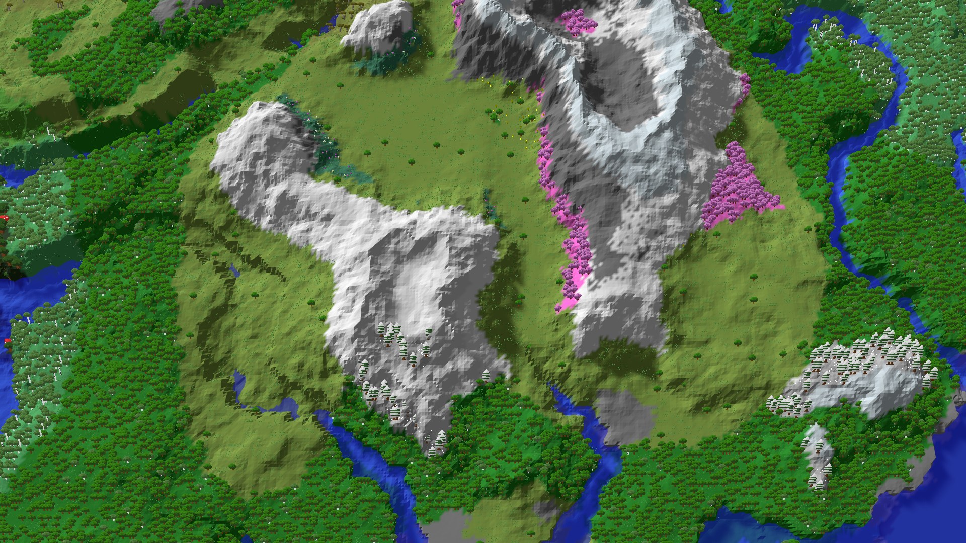 Aerial 3D overview 500 blocks SW of spawn