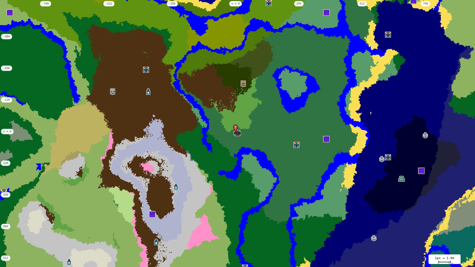 Top-down structures map: village, pillager outpost, ruined portal, shipwreck, woodland mansion, ocean monument, trial chambers, ancient city, desert pyramid, jungle temple, trail ruins