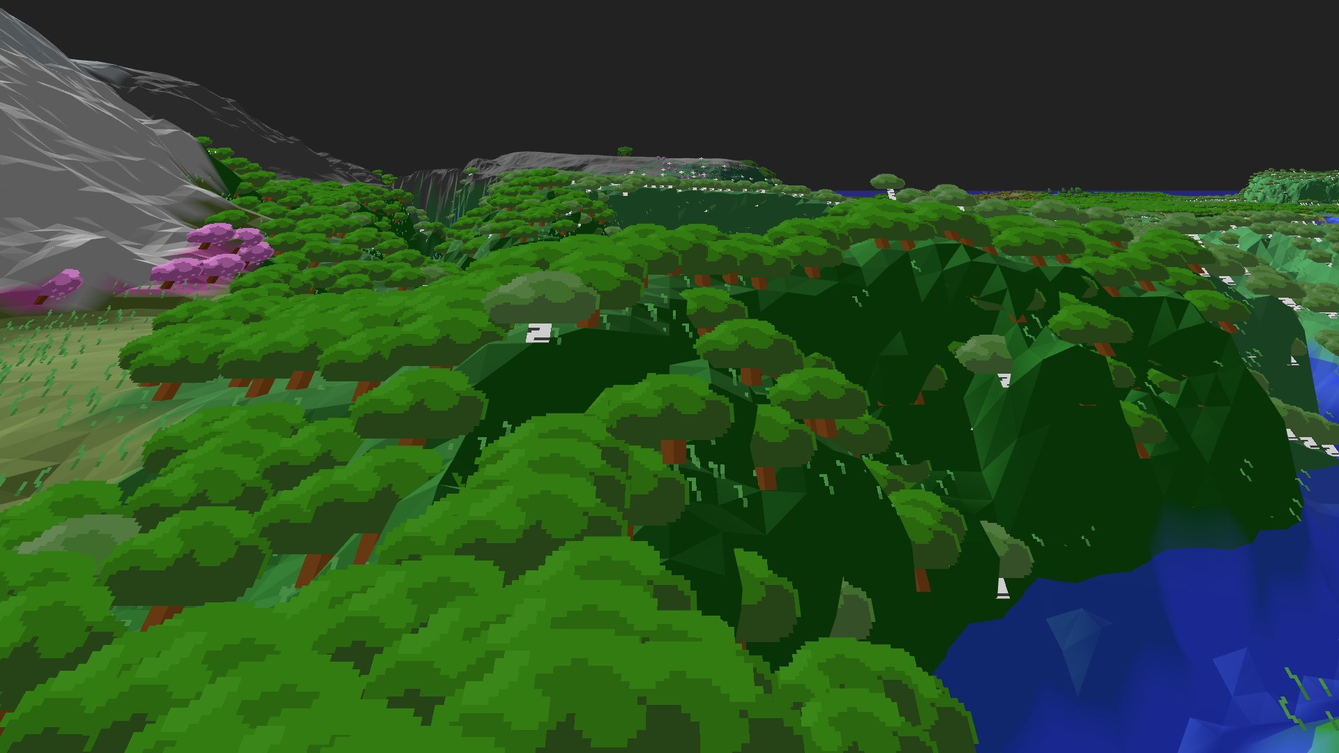 Near-horizontal 3D view from spawn looking at the surrounding terrain