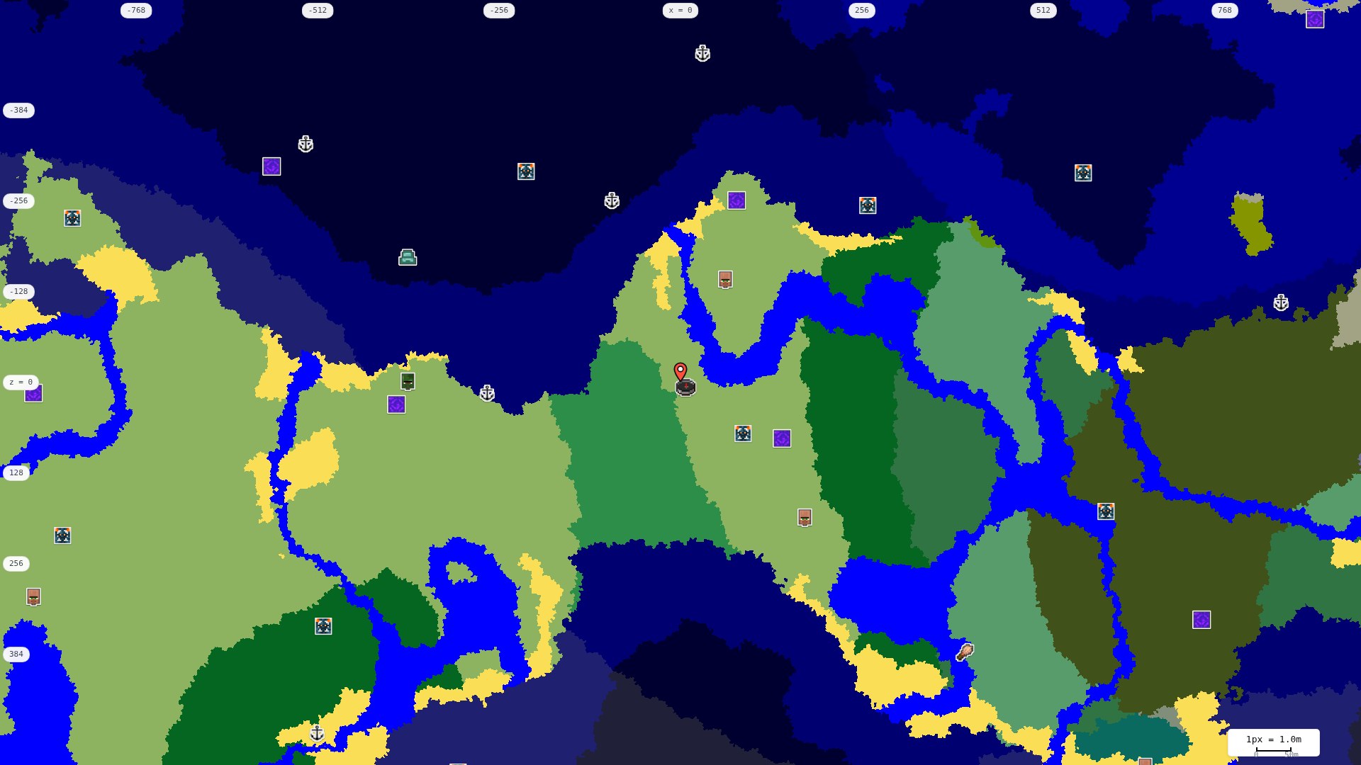 Top-down structures map: village, pillager outpost, ruined portal, shipwreck, woodland mansion, ocean monument, trial chambers, ancient city, desert pyramid, jungle temple, trail ruins