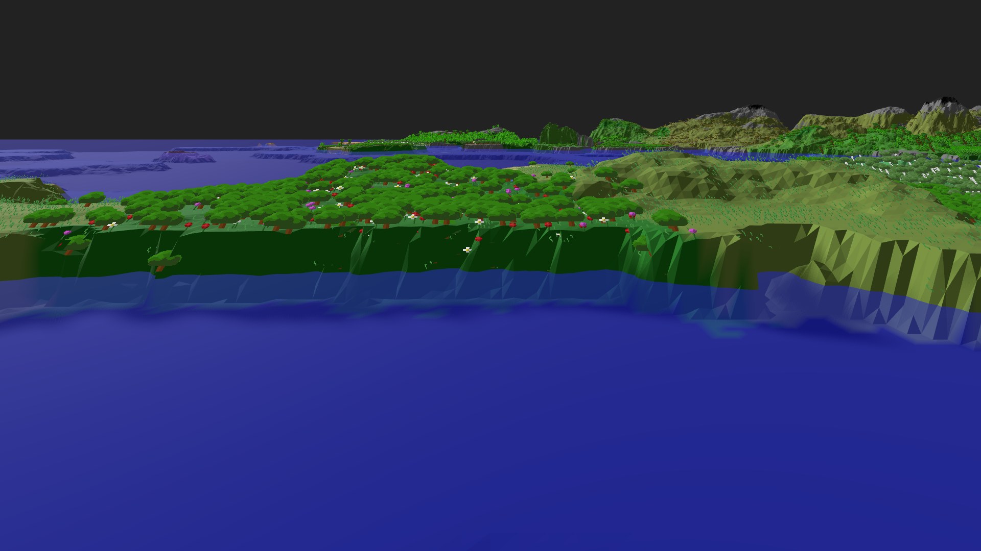 Near-horizontal 3D view from spawn looking at the surrounding terrain