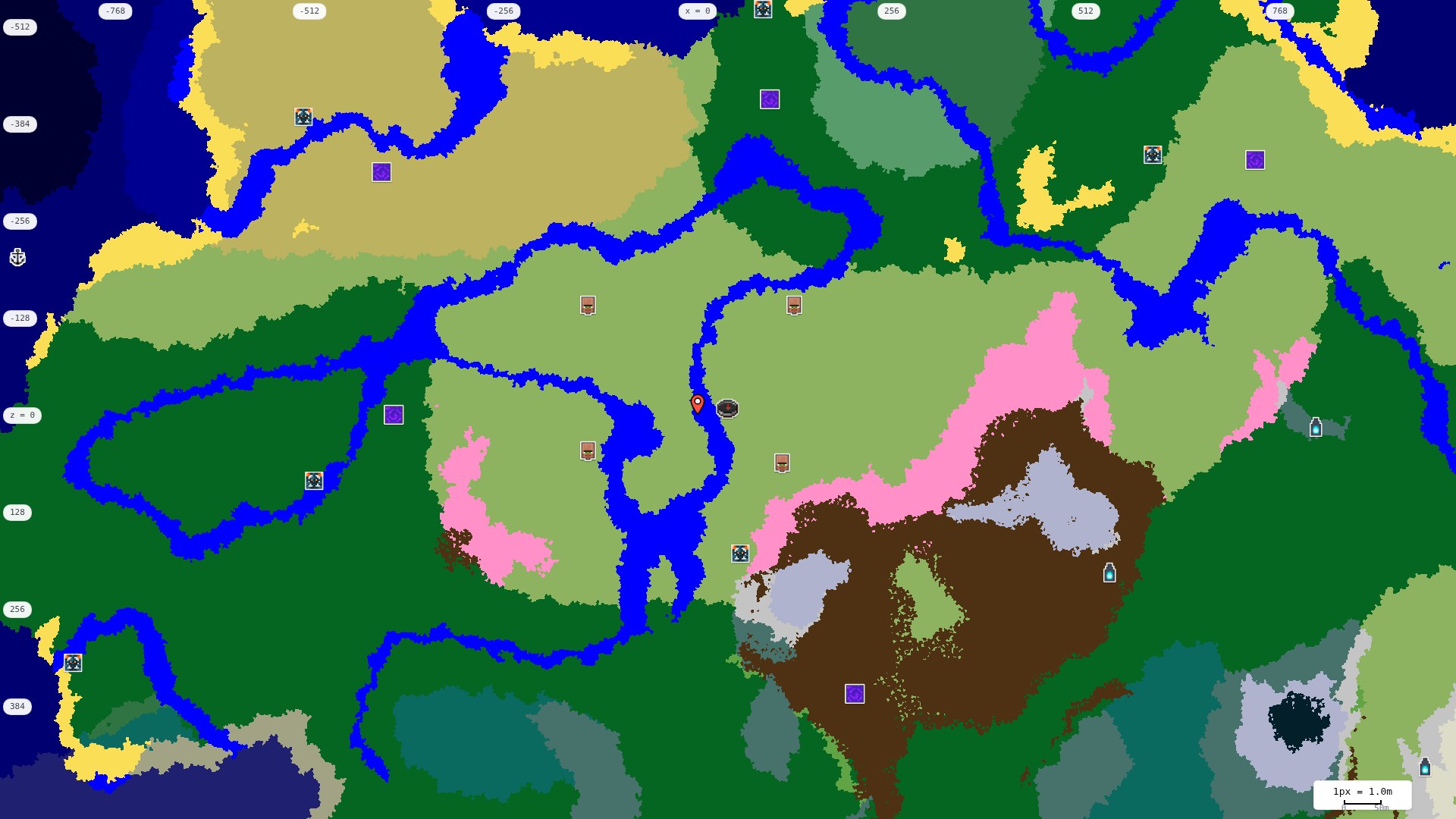 Top-down structures map: village, pillager outpost, ruined portal, shipwreck, woodland mansion, ocean monument, trial chambers, ancient city, desert pyramid, jungle temple, trail ruins