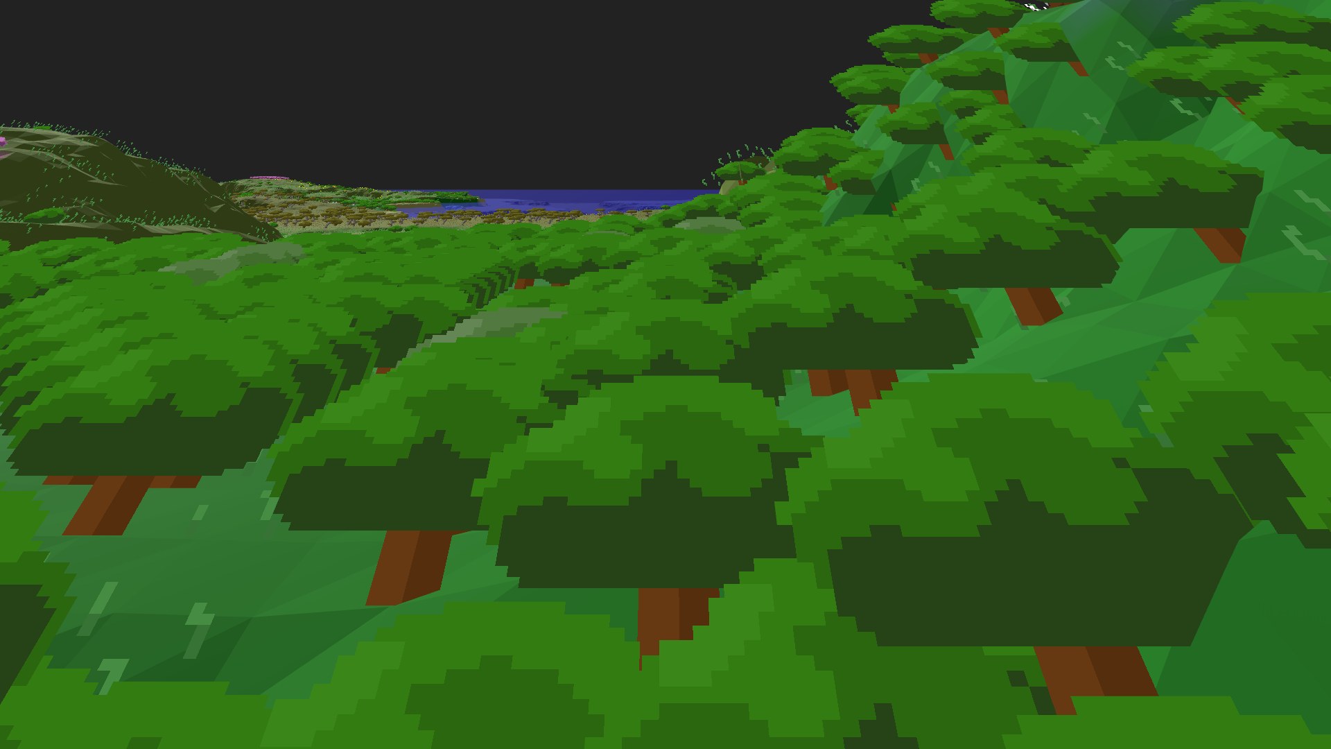 Near-horizontal 3D view from spawn looking at the surrounding terrain