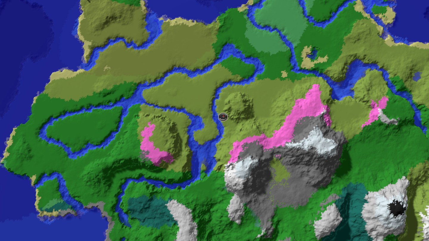 Aerial Minecraft seed map — Quadruple village spawn wrapped around a massive cherry grove [520903889]
