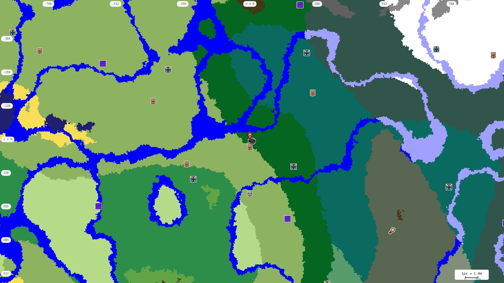 Top-down structures map: village, pillager outpost, ruined portal, shipwreck, woodland mansion, ocean monument, trial chambers, ancient city, desert pyramid, jungle temple, trail ruins
