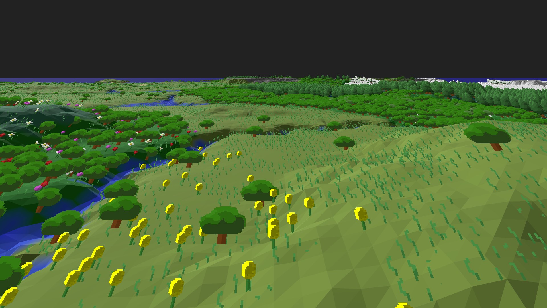 Near-horizontal 3D view from spawn looking at the surrounding terrain