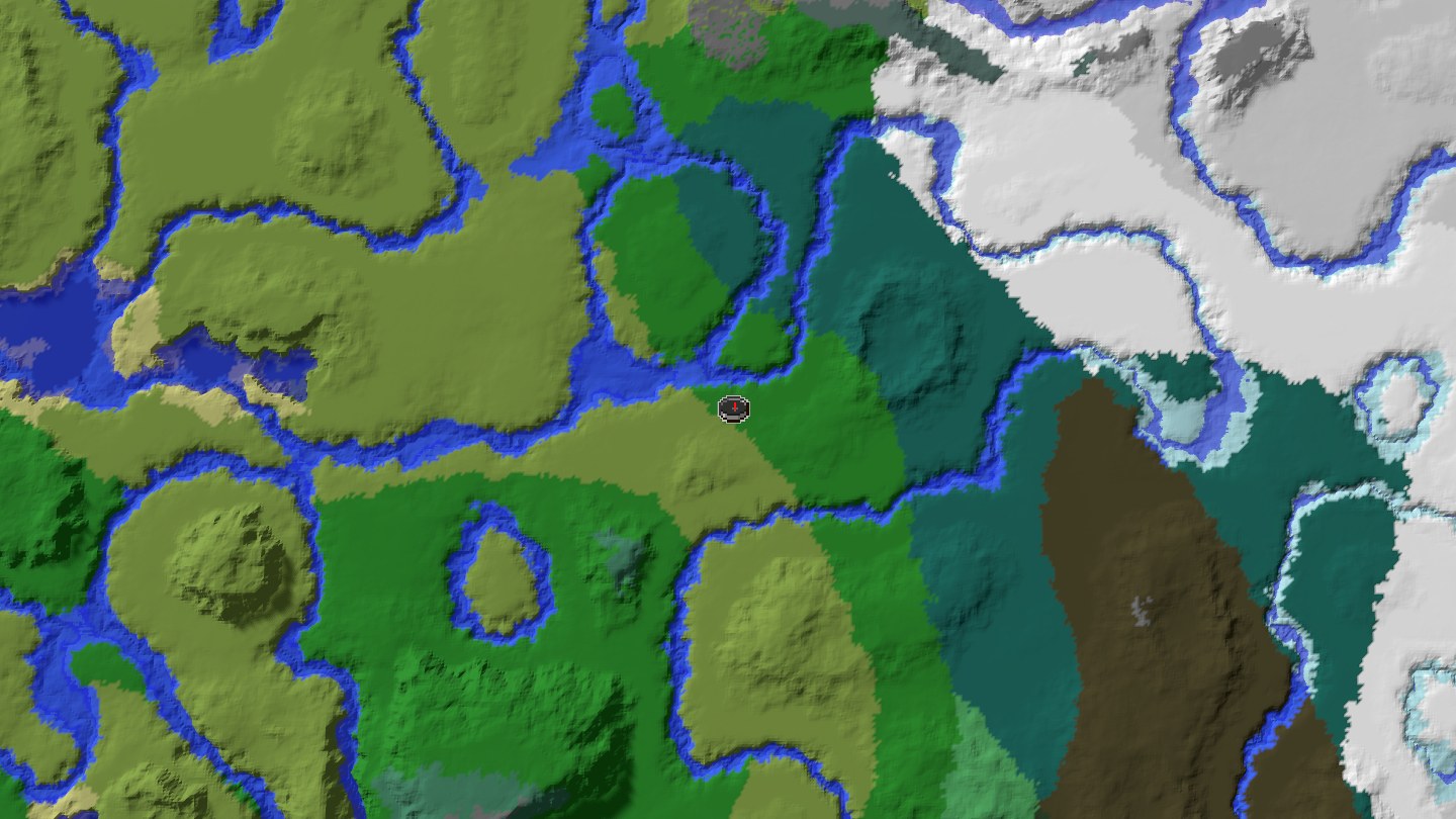 Aerial Minecraft seed map — Java 1.21 village route seed with ocean and underground progression [5387352441]
