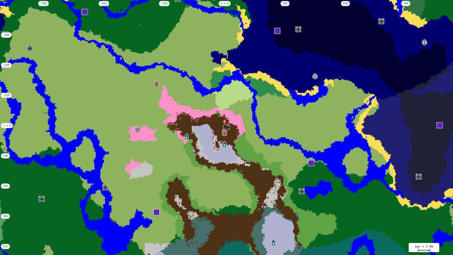 Top-down structures map: village, pillager outpost, ruined portal, shipwreck, woodland mansion, ocean monument, trial chambers, ancient city, desert pyramid, jungle temple, trail ruins