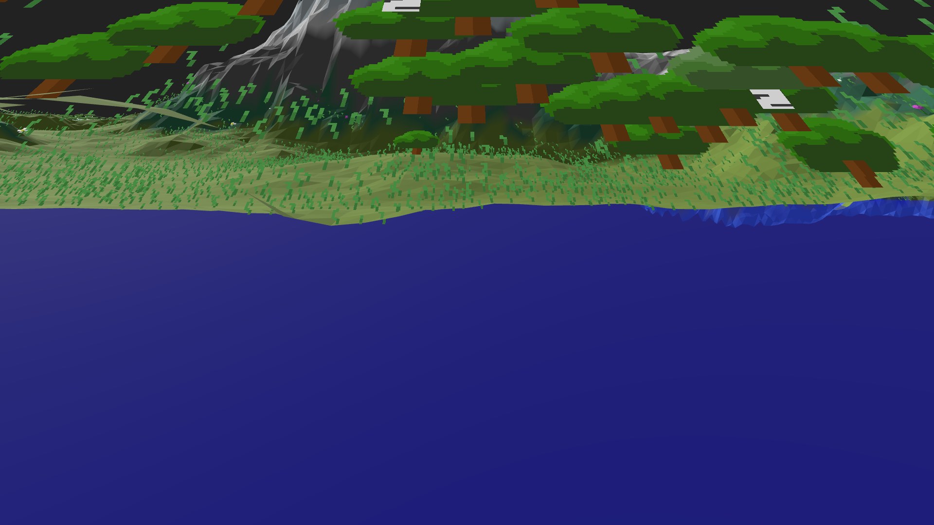 Near-horizontal 3D view from spawn looking at the surrounding terrain
