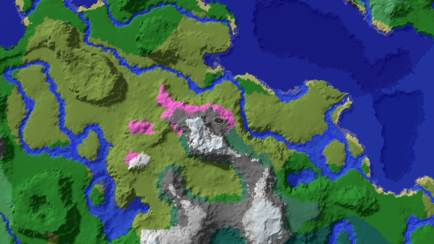 Aerial Minecraft seed map — Cherry-alps village lake seed with caves and multiple nearby villages [569789795