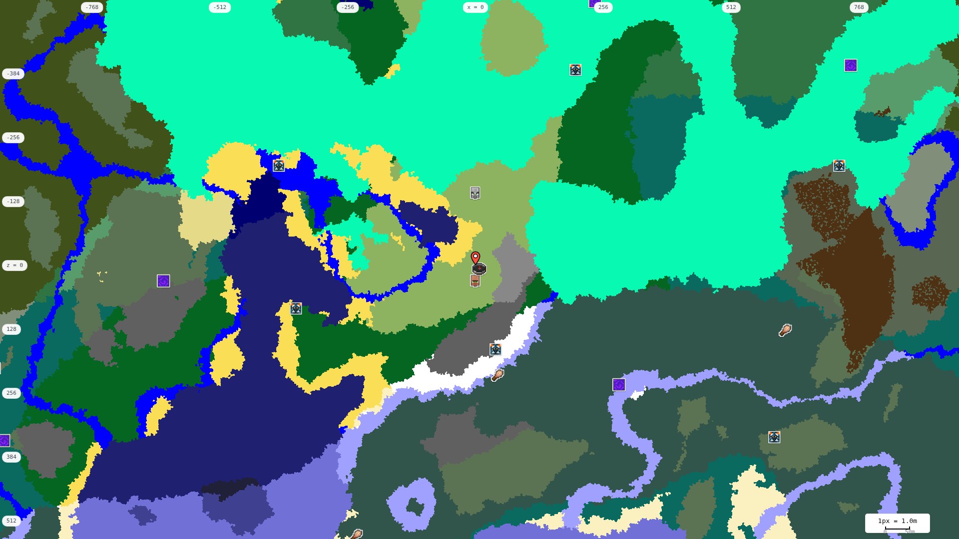 Top-down structures map: village, pillager outpost, ruined portal, shipwreck, woodland mansion, ocean monument, trial chambers, ancient city, desert pyramid, jungle temple, trail ruins