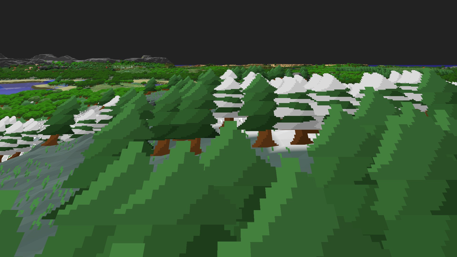 Near-horizontal 3D view from spawn looking at the surrounding terrain