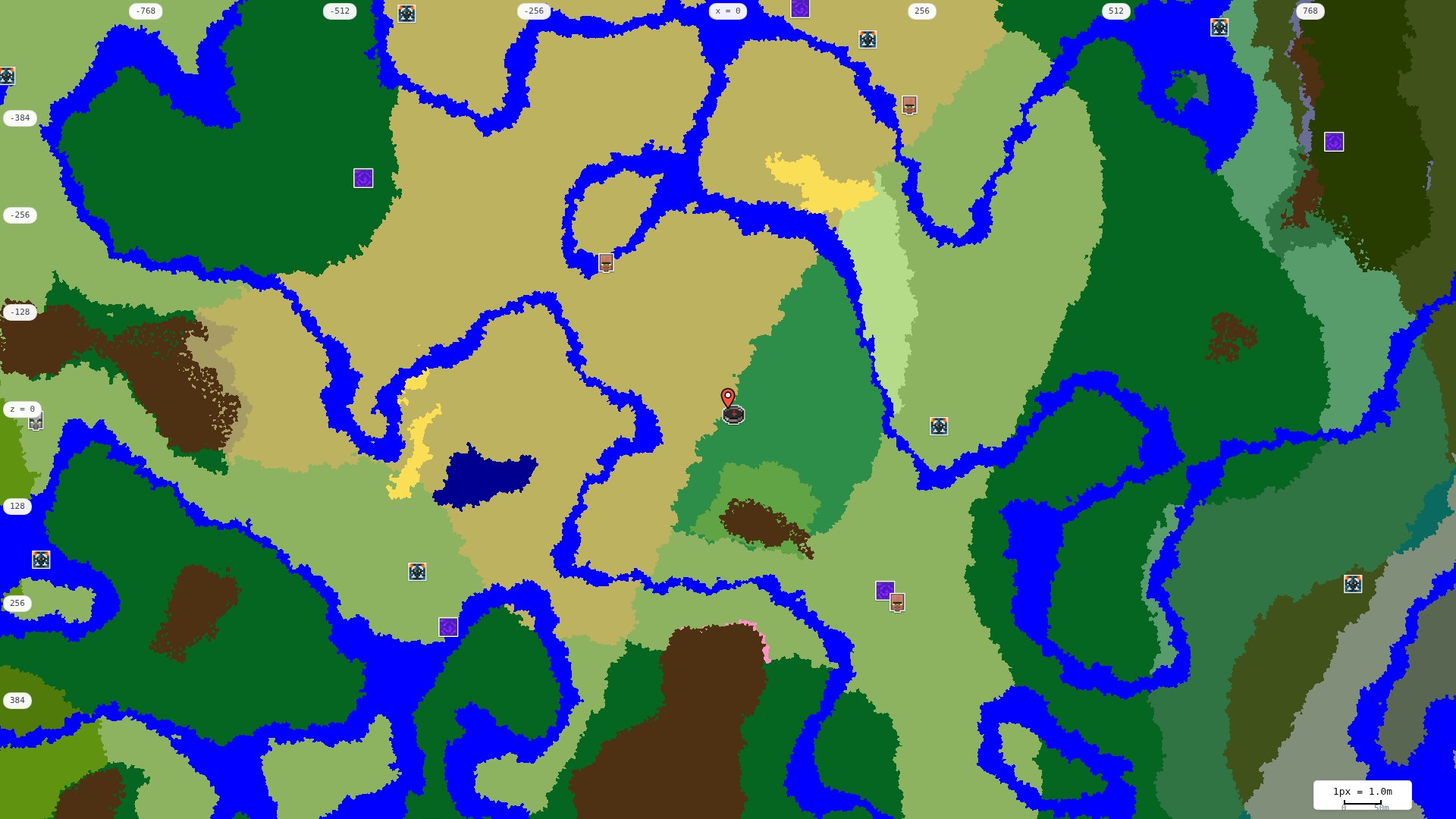 Top-down structures map: village, pillager outpost, ruined portal, shipwreck, woodland mansion, ocean monument, trial chambers, ancient city, desert pyramid, jungle temple, trail ruins