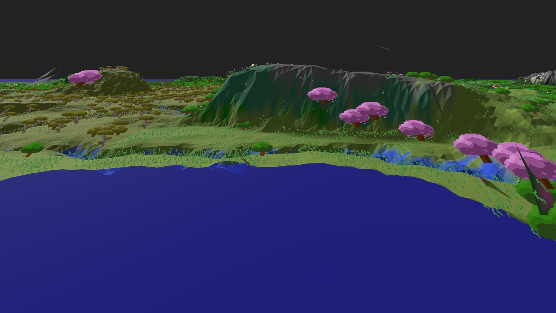 Near-horizontal 3D view from spawn looking at the surrounding terrain