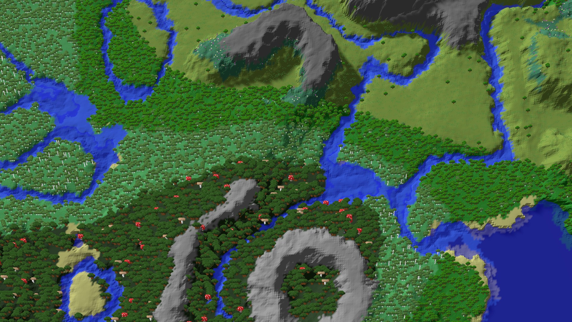 Aerial 3D overview 500 blocks SW of spawn