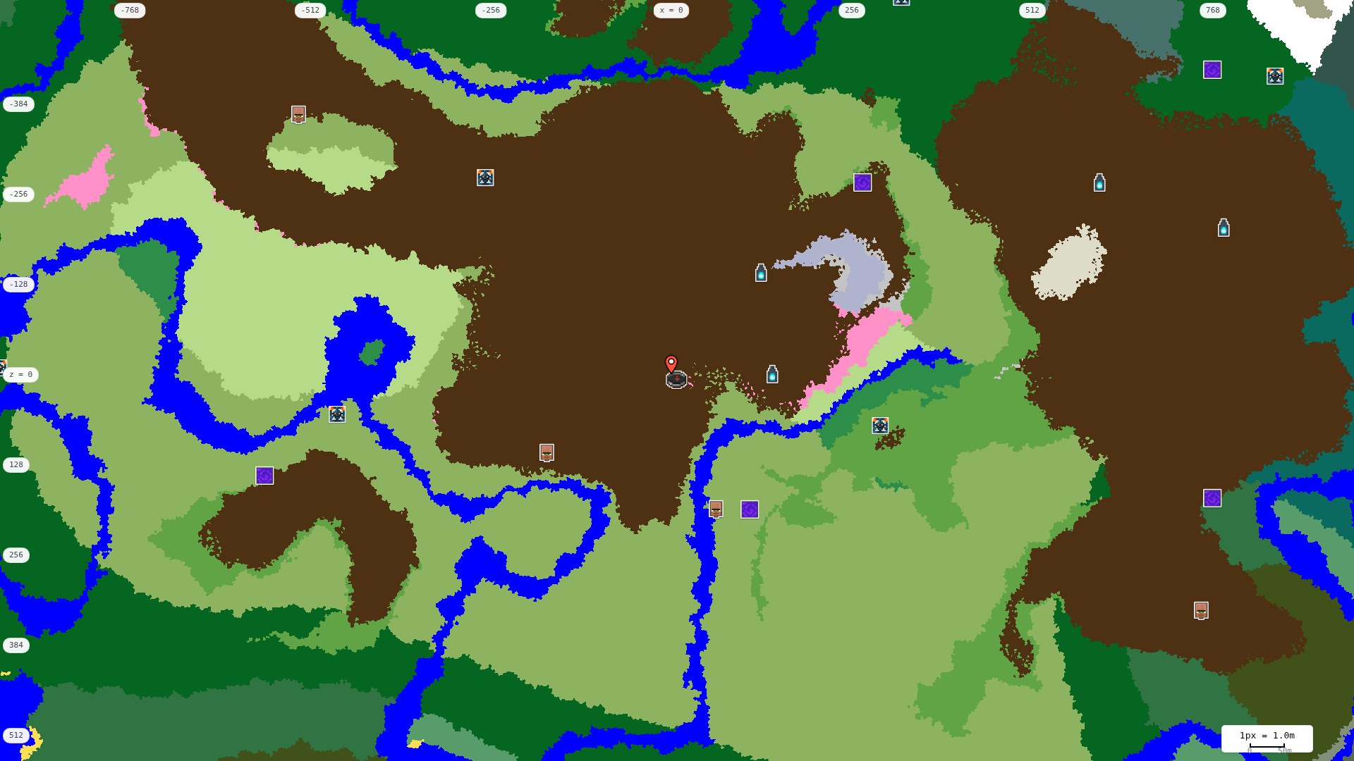 Top-down structures map: village, pillager outpost, ruined portal, shipwreck, woodland mansion, ocean monument, trial chambers, ancient city, desert pyramid, jungle temple, trail ruins