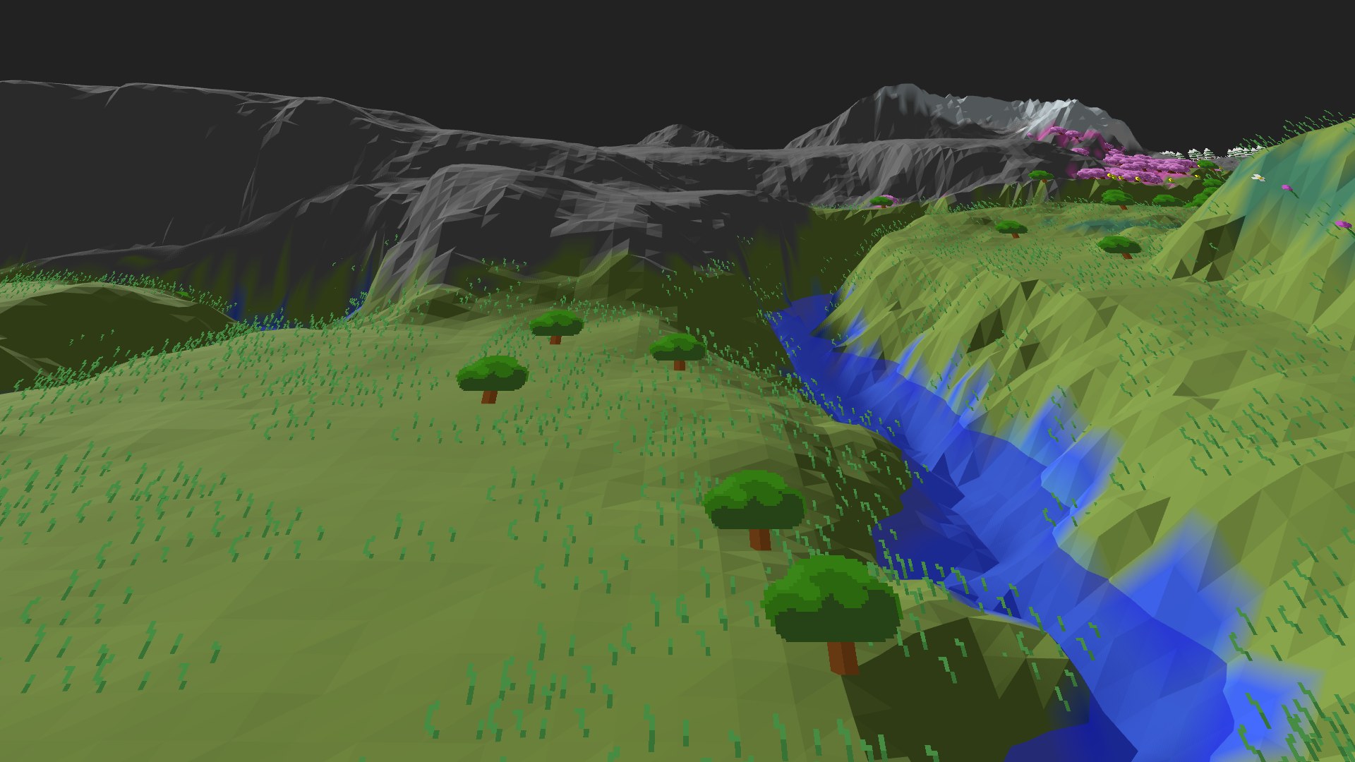 Near-horizontal 3D view from spawn looking at the surrounding terrain