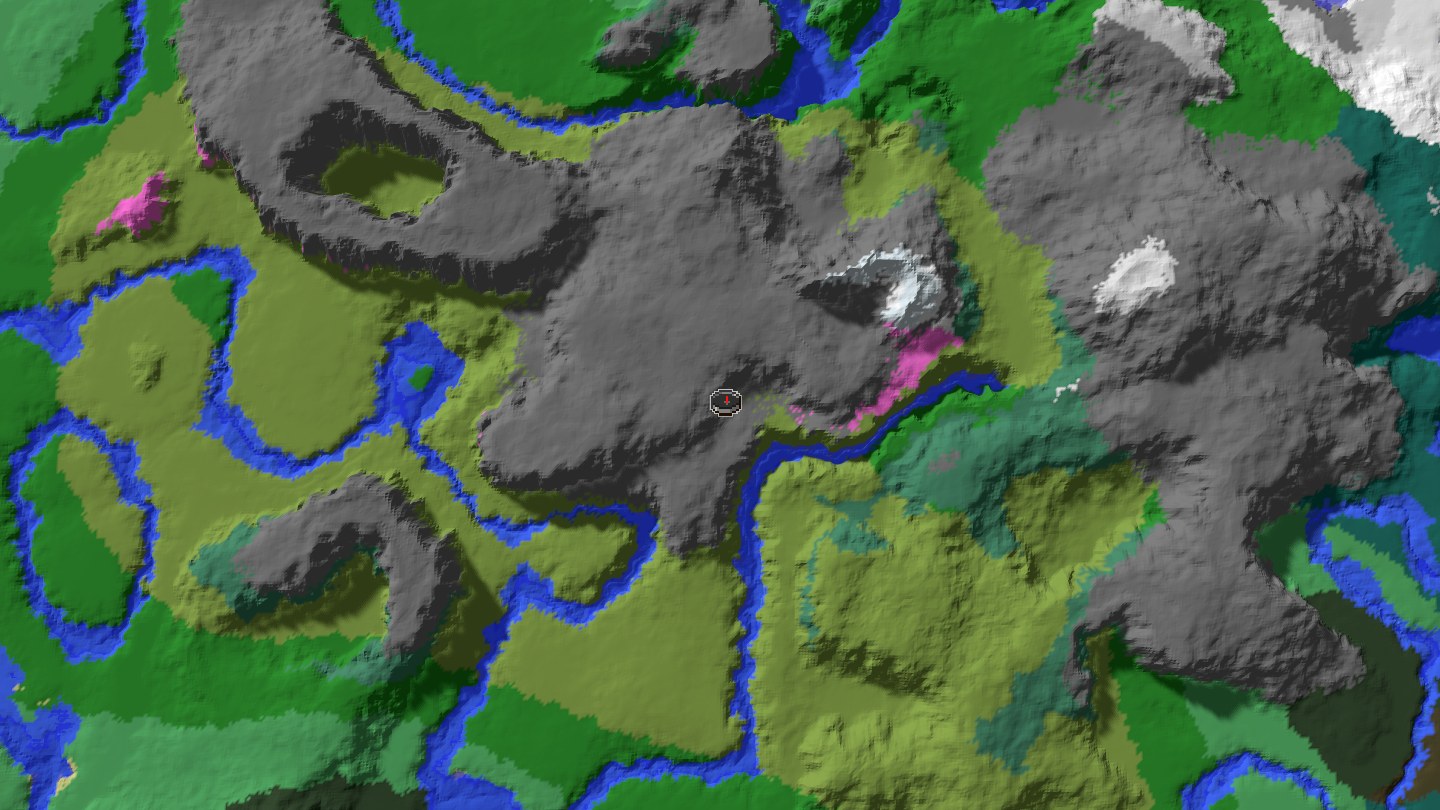 Aerial Minecraft seed map — Three cherry villages and a huge mountain range near spawn [608548899648438462]