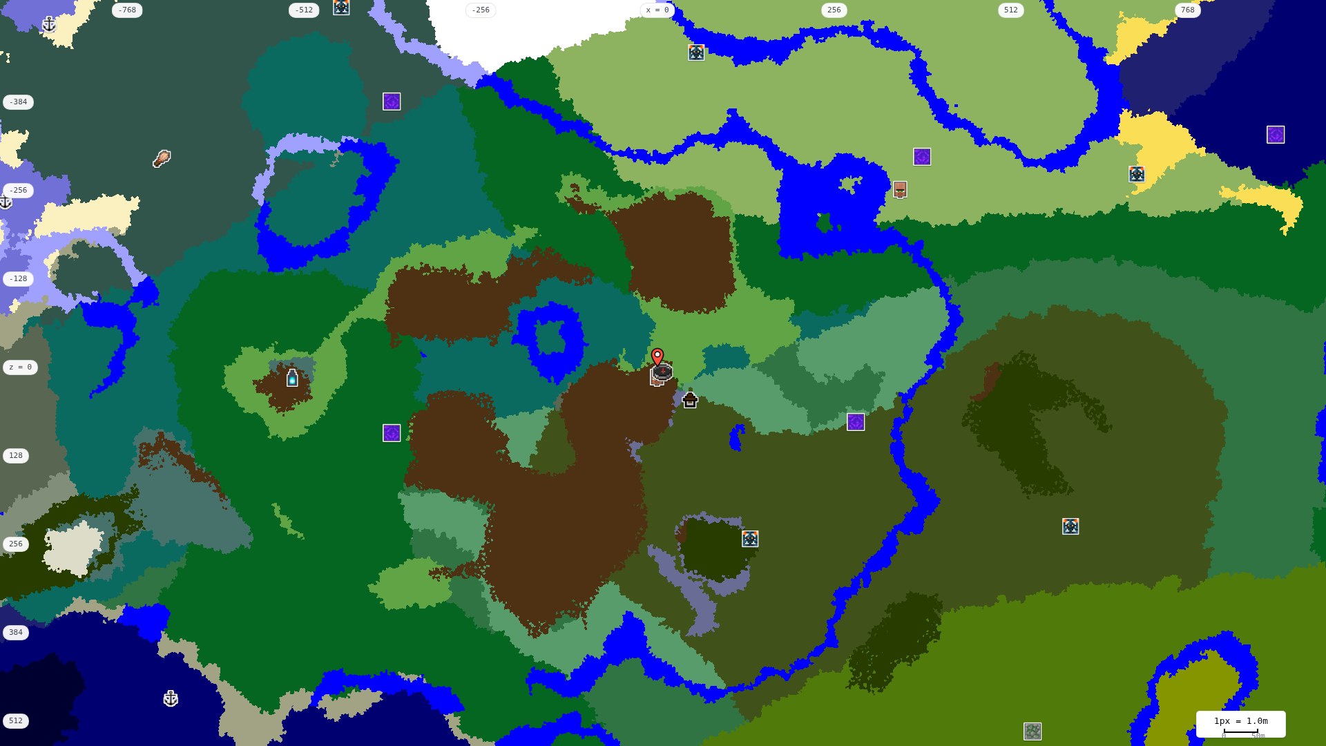 Top-down structures map: village, pillager outpost, ruined portal, shipwreck, woodland mansion, ocean monument, trial chambers, ancient city, desert pyramid, jungle temple, trail ruins