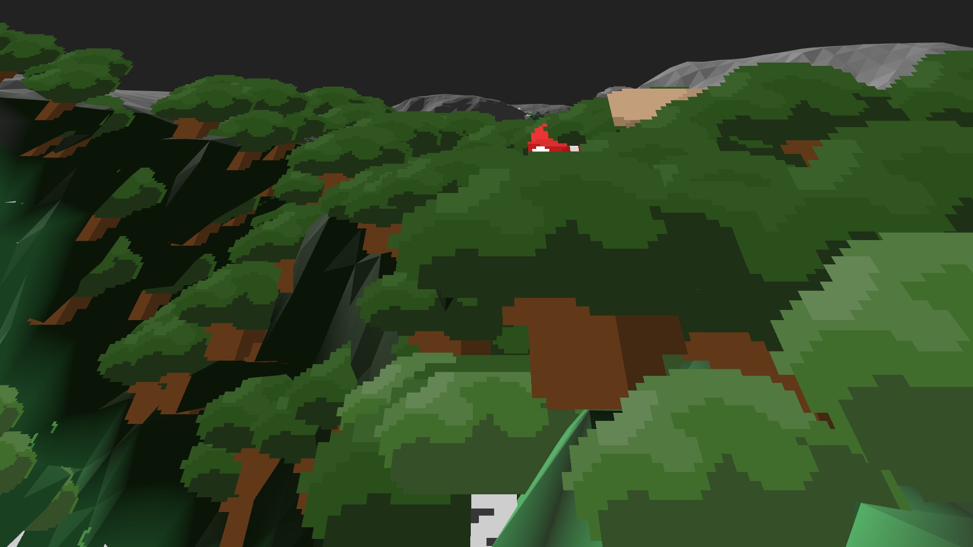 Near-horizontal 3D view from spawn looking at the surrounding terrain