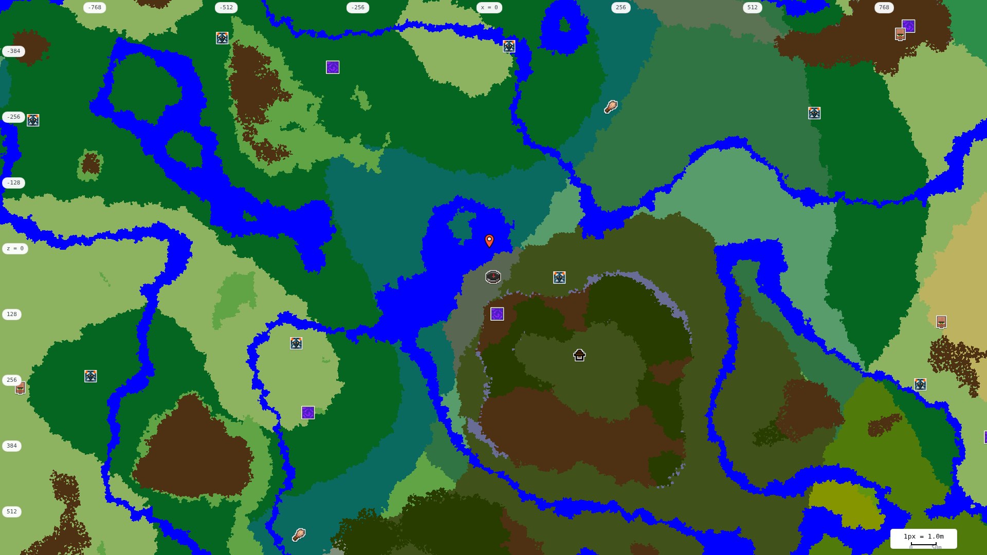 Top-down structures map: village, pillager outpost, ruined portal, shipwreck, woodland mansion, ocean monument, trial chambers, ancient city, desert pyramid, jungle temple, trail ruins
