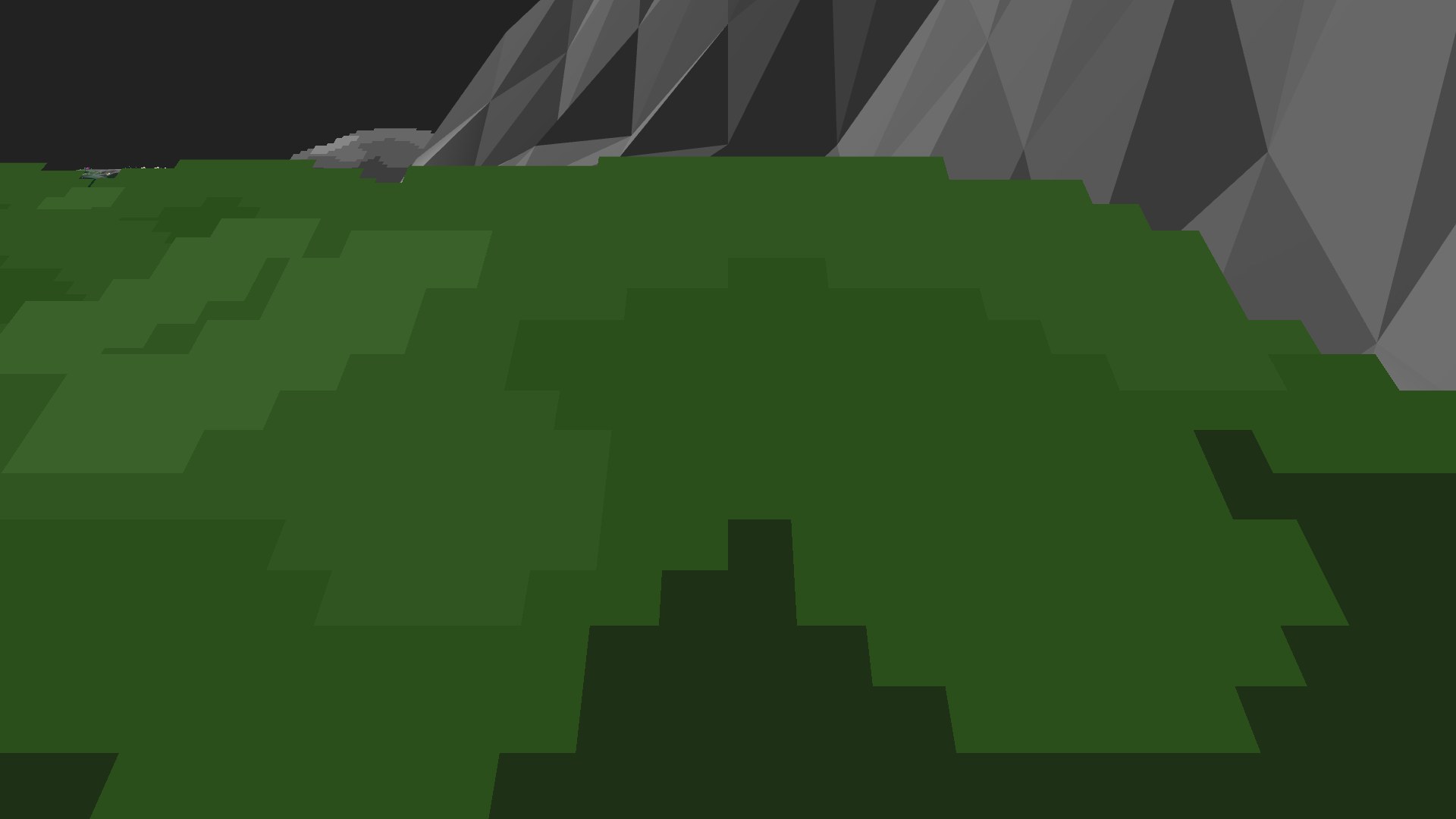 Near-horizontal 3D view from spawn looking at the surrounding terrain