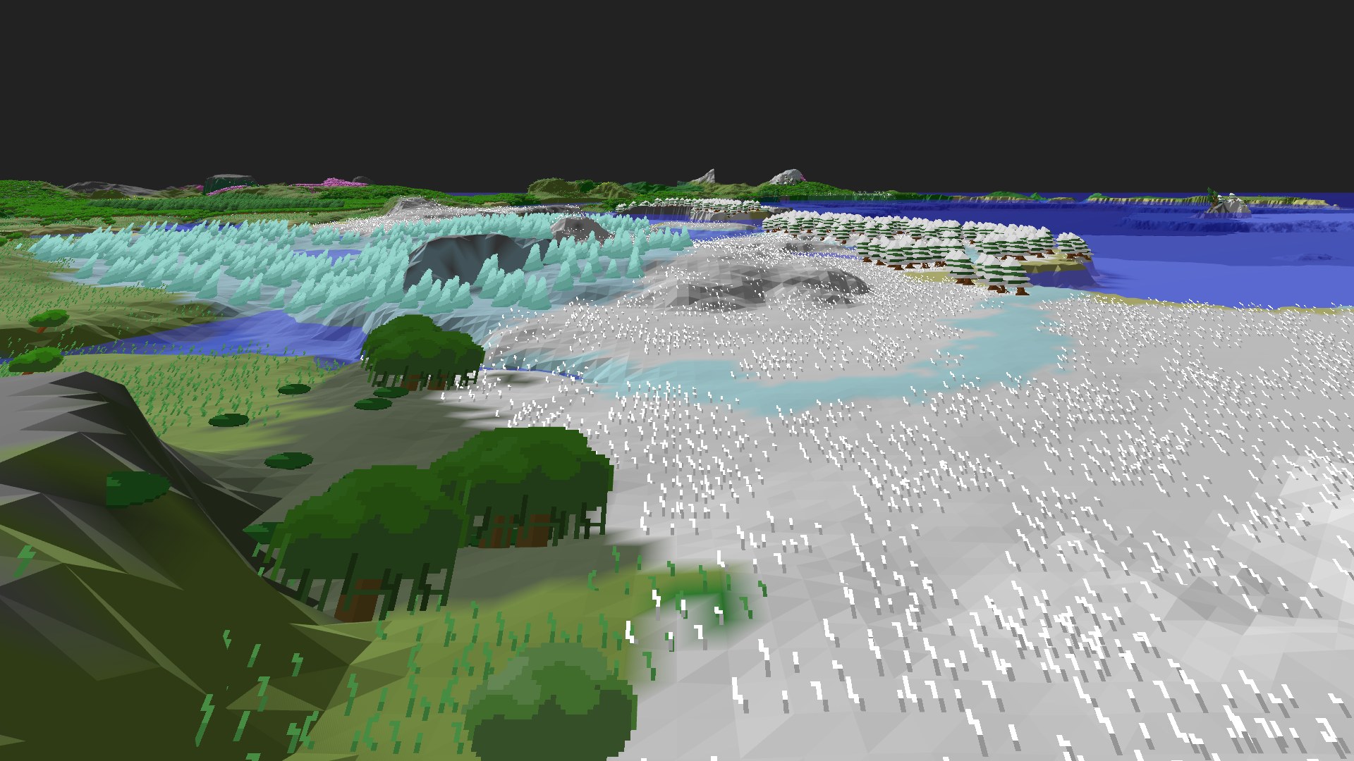 Near-horizontal 3D view from spawn looking at the surrounding terrain