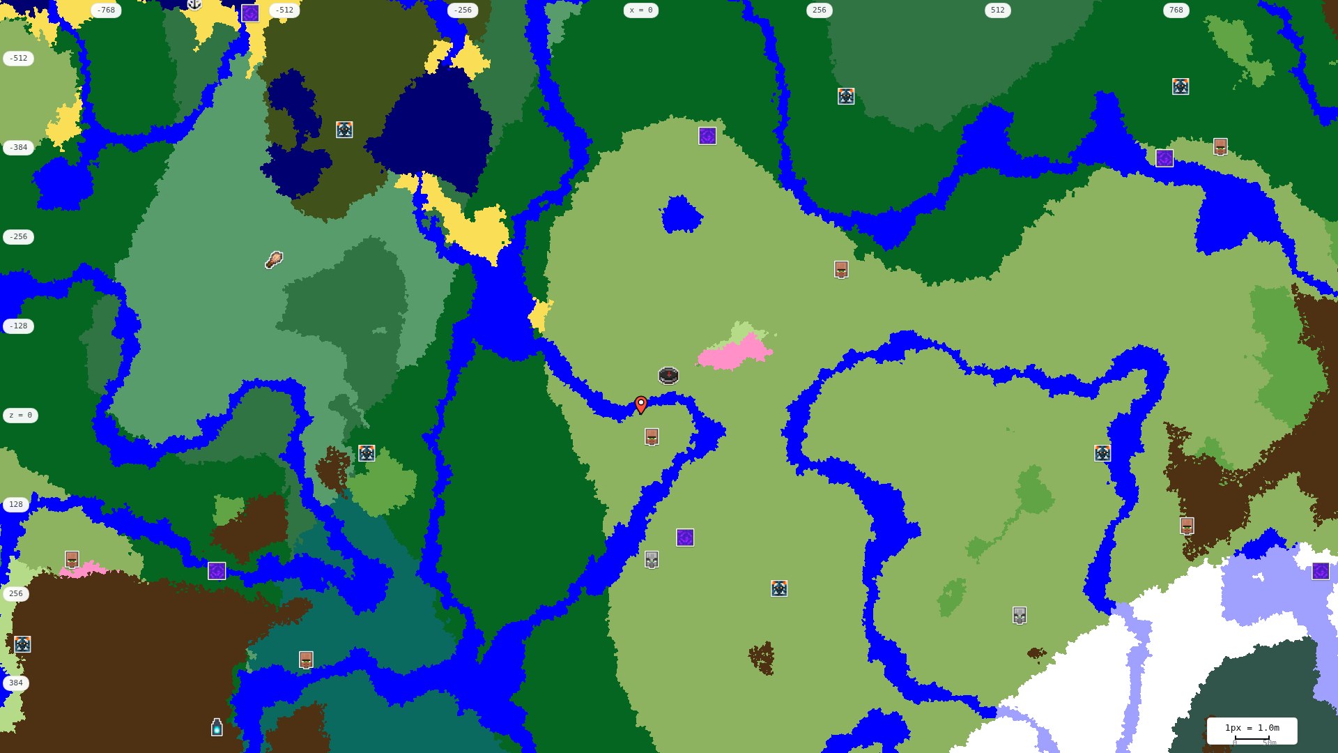 Top-down structures map: village, pillager outpost, ruined portal, shipwreck, woodland mansion, ocean monument, trial chambers, ancient city, desert pyramid, jungle temple, trail ruins