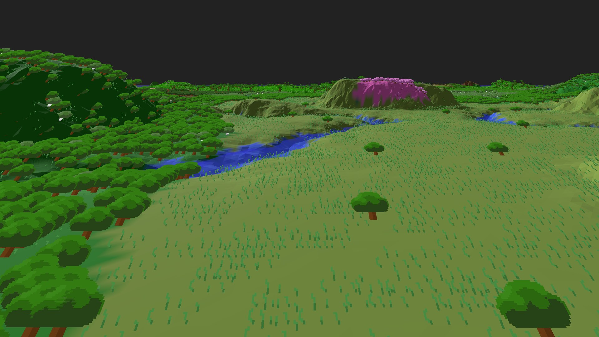 Near-horizontal 3D view from spawn looking at the surrounding terrain