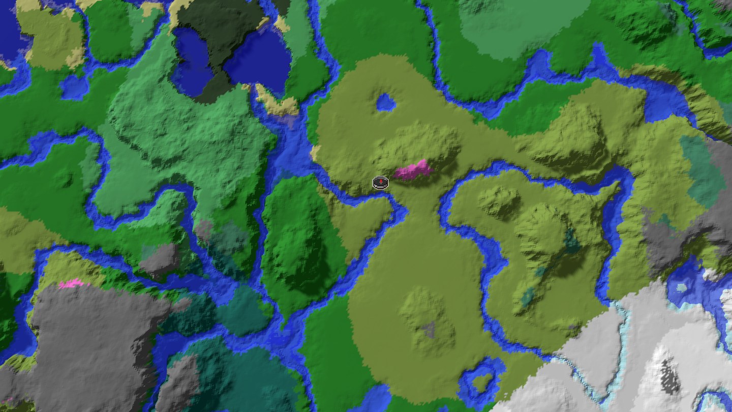 Aerial Minecraft seed map — Java 1.21 seed with surface settlement support and nearby structure goals [76313