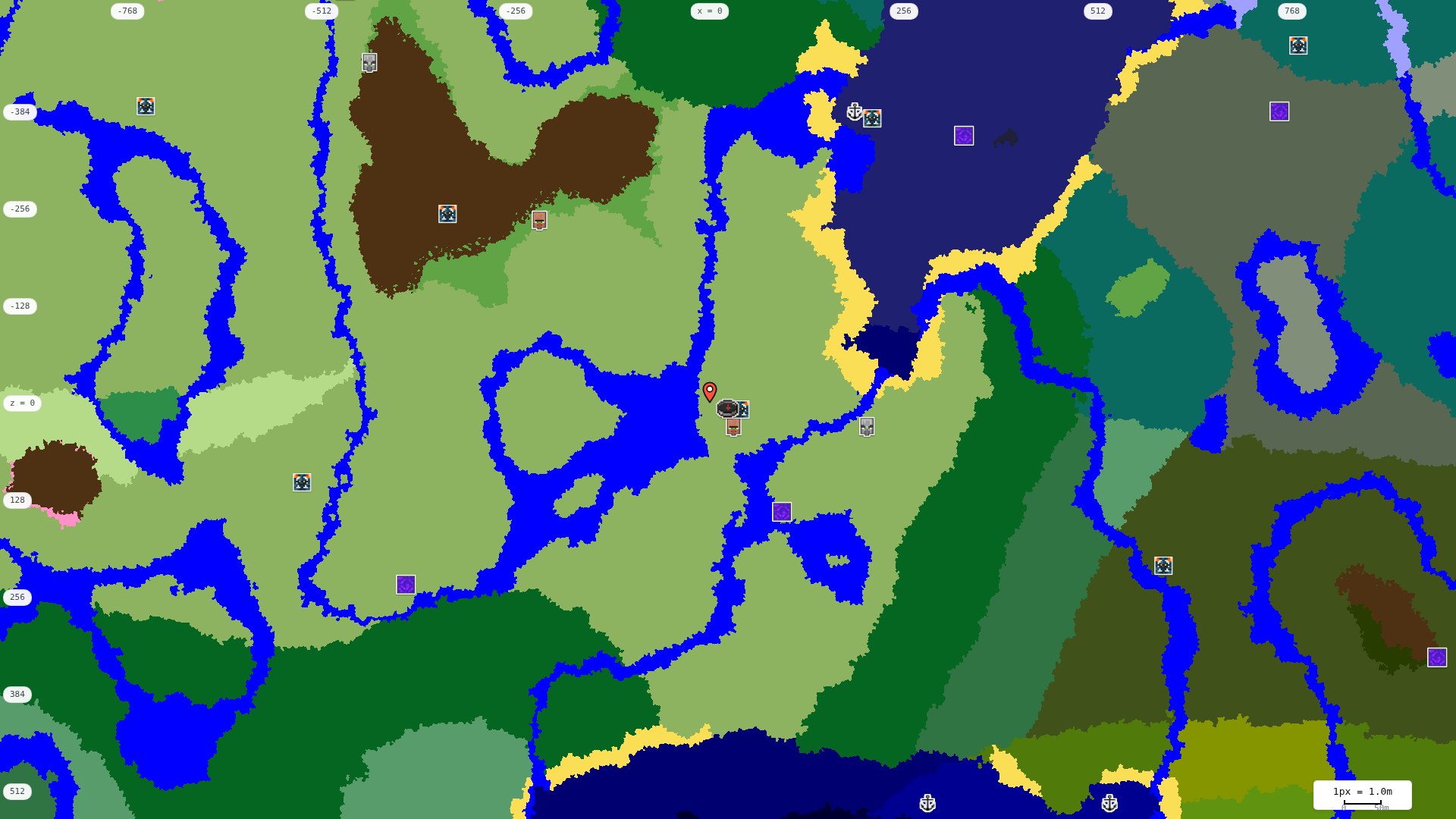 Top-down structures map: village, pillager outpost, ruined portal, shipwreck, woodland mansion, ocean monument, trial chambers, ancient city, desert pyramid, jungle temple, trail ruins