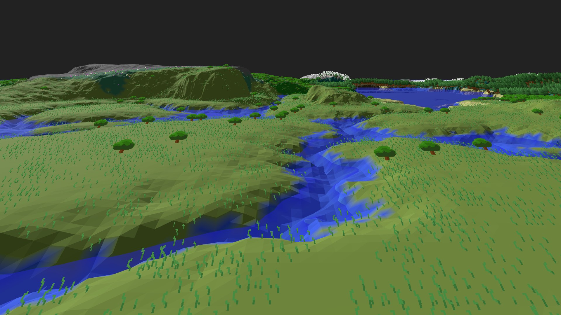 Near-horizontal 3D view from spawn looking at the surrounding terrain