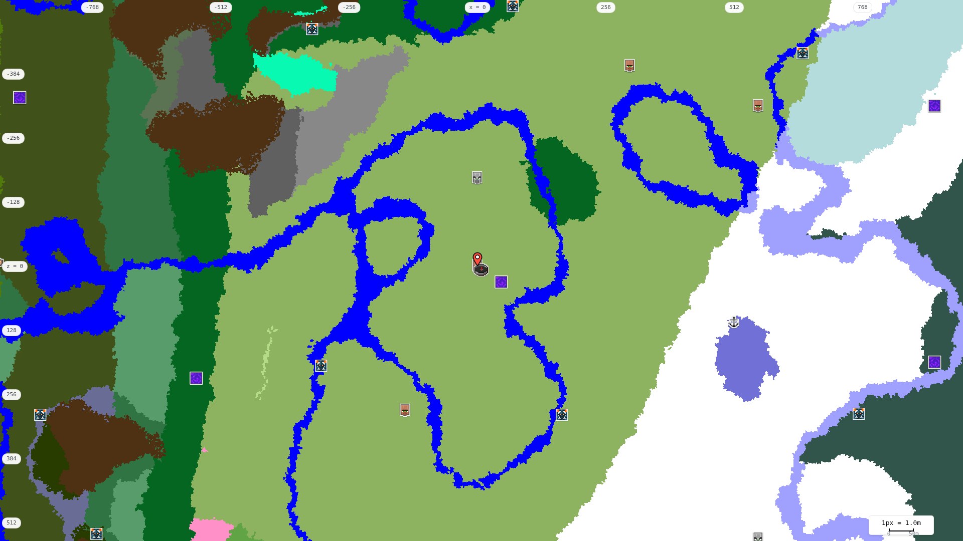 Top-down structures map: village, pillager outpost, ruined portal, shipwreck, woodland mansion, ocean monument, trial chambers, ancient city, desert pyramid, jungle temple, trail ruins