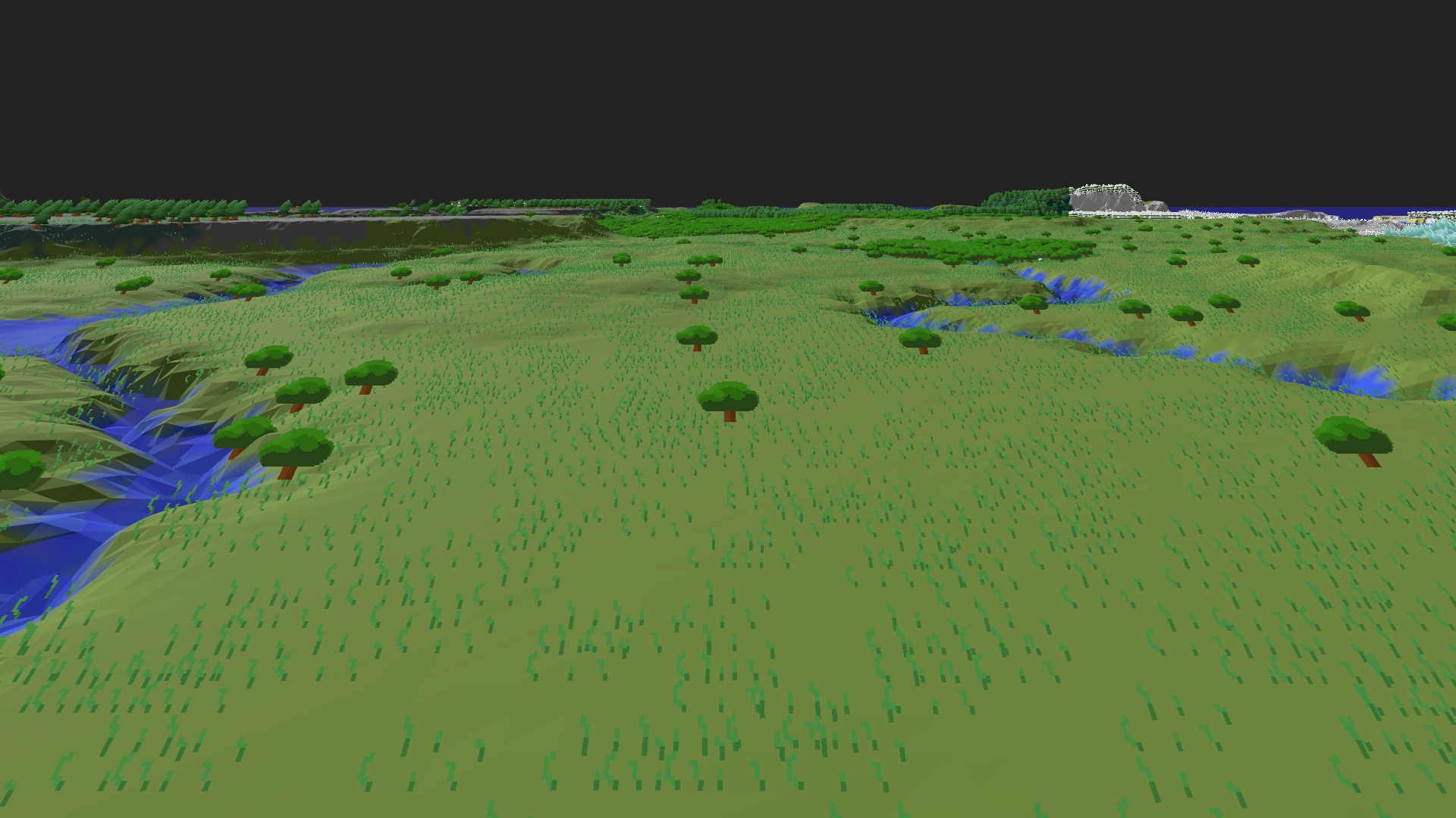Near-horizontal 3D view from spawn looking at the surrounding terrain
