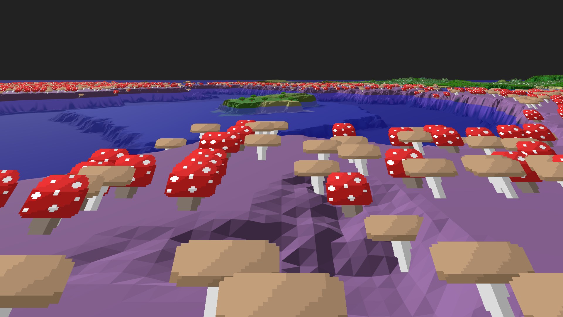 Near-horizontal 3D view from spawn looking at the surrounding terrain