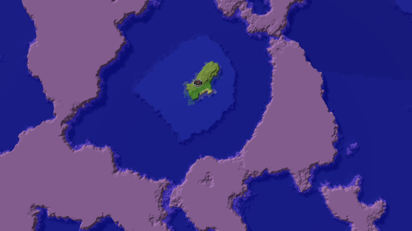 Aerial Minecraft seed map — SPAWN on this island surrounded by a mushroom ring, exactly at 0 0