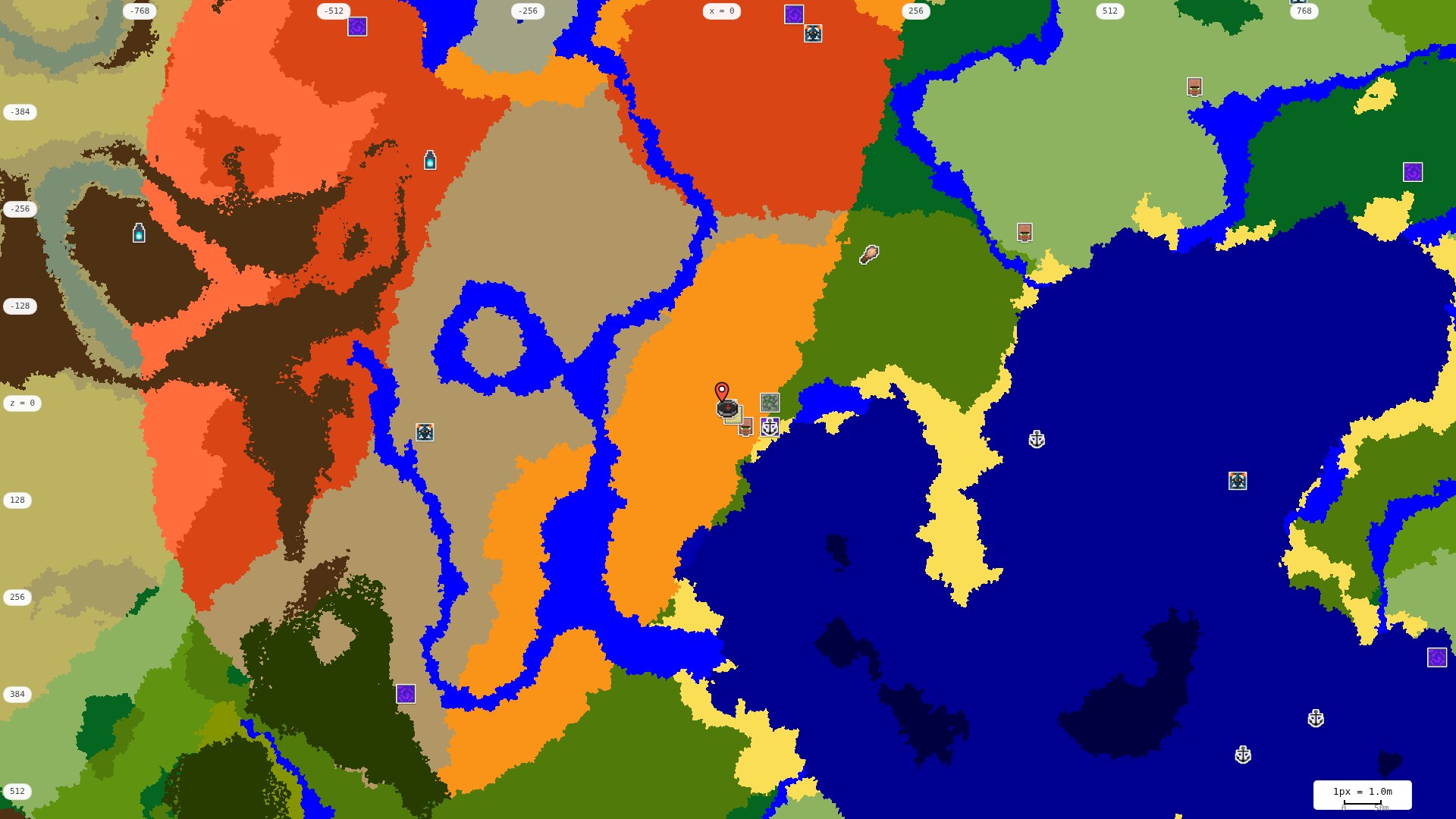 Top-down structures map: village, pillager outpost, ruined portal, shipwreck, woodland mansion, ocean monument, trial chambers, ancient city, desert pyramid, jungle temple, trail ruins