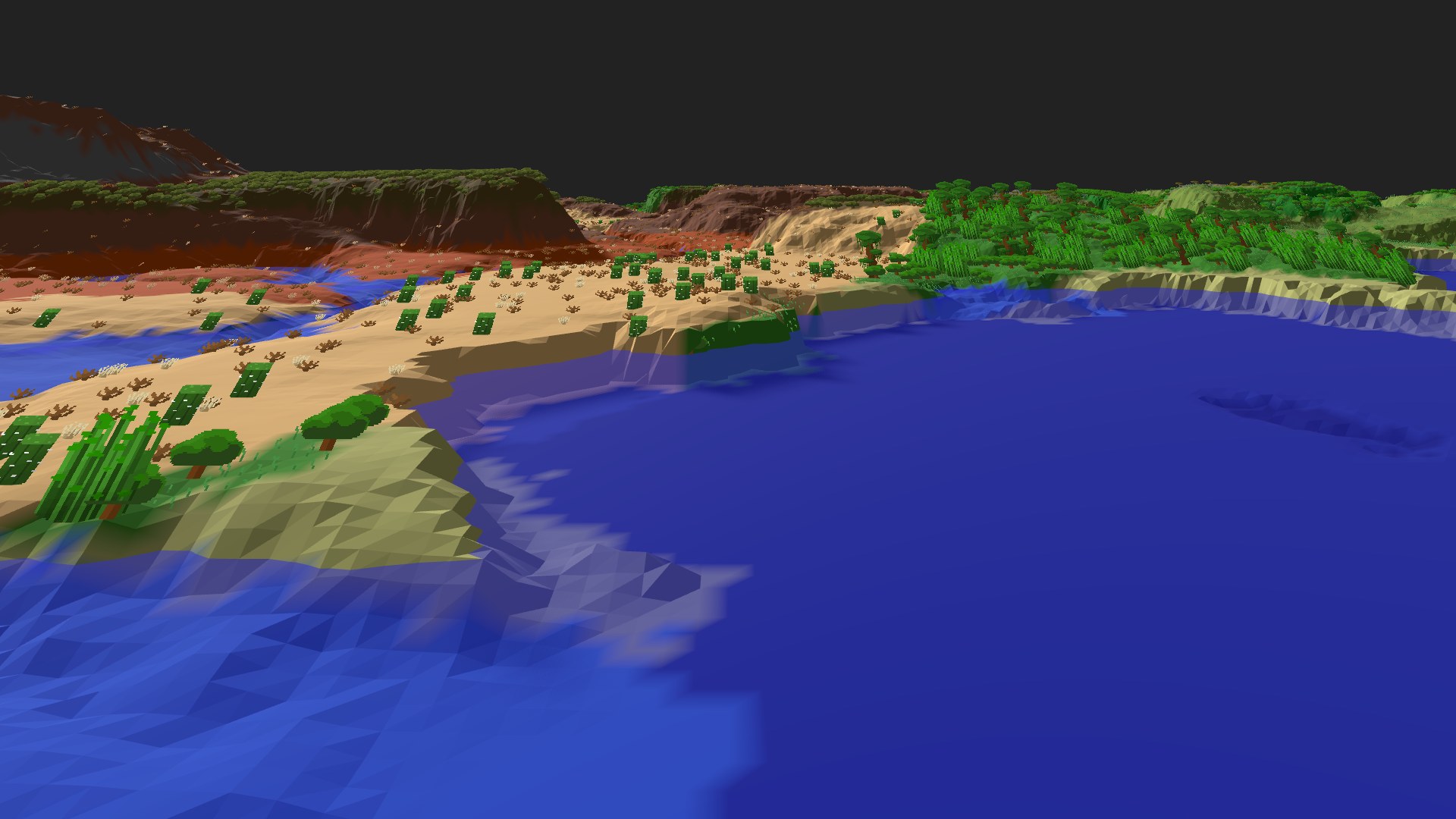 Near-horizontal 3D view from spawn looking at the surrounding terrain