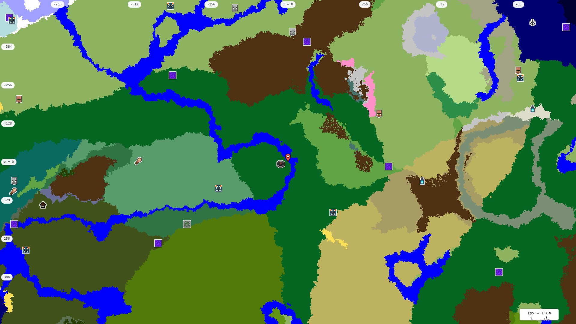 Top-down structures map: village, pillager outpost, ruined portal, shipwreck, woodland mansion, ocean monument, trial chambers, ancient city, desert pyramid, jungle temple, trail ruins