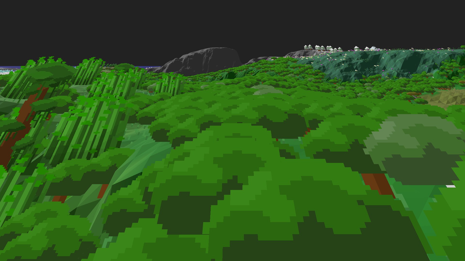Near-horizontal 3D view from spawn looking at the surrounding terrain