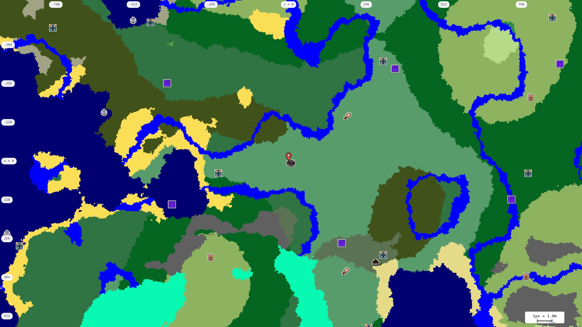 Top-down structures map: village, pillager outpost, ruined portal, shipwreck, woodland mansion, ocean monument, trial chambers, ancient city, desert pyramid, jungle temple, trail ruins